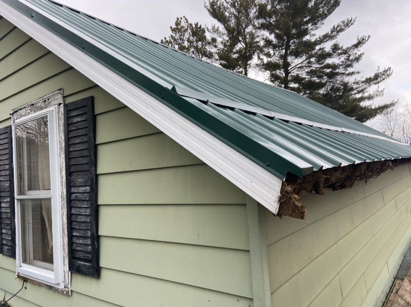 A house with a green roof and black shutters that has been damaged by ice dam.