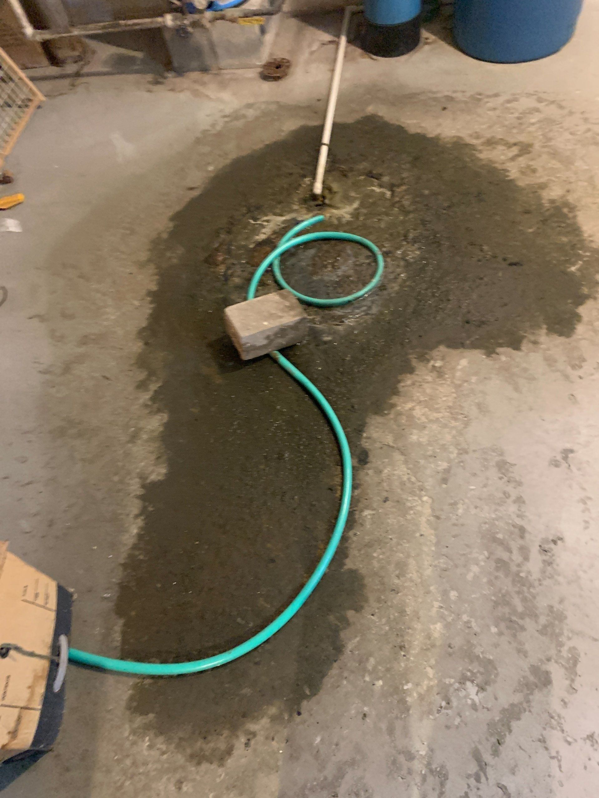 A green hose is underneath a brick on the floor.