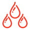 Three red drops of water with exclamation points on them.