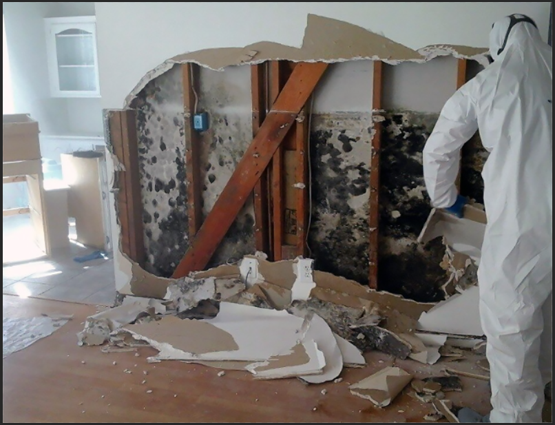 A man in a white suit is working on a wall with mold damage. 
