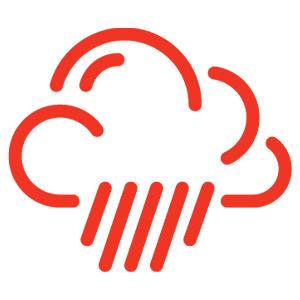 Icon of a  red cloud with rain coming out of it on a white background. 