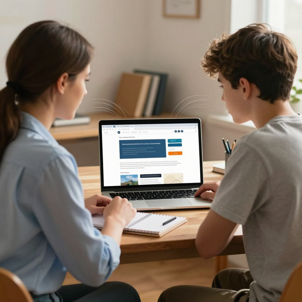 A parent and student review a website layout with highlighted sections that suggest scanning behavio