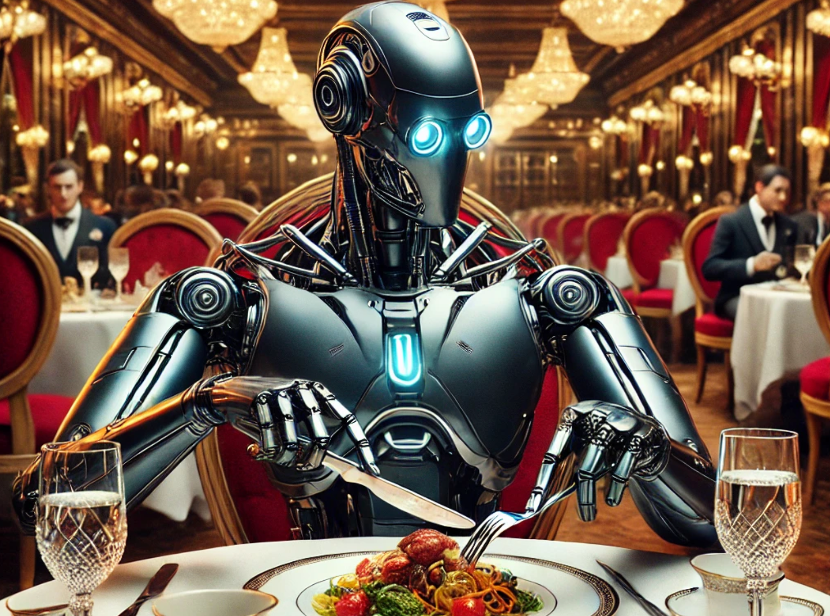 The Google Robot eating a A Gourmet meal