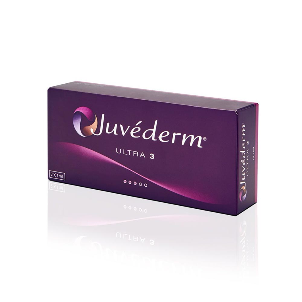 A box of juvederm ultra 3 is sitting on a white surface. A box of juvederm ultra 3 is sitting on a white surface.