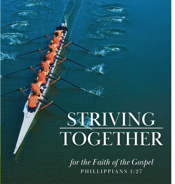 Rowing crew in white boat on water, text 