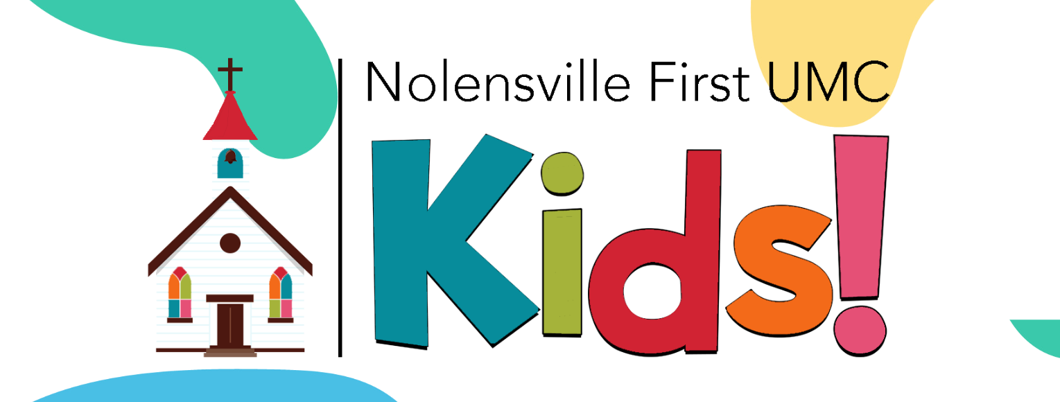 Nolensville First UMC Kids! church graphic with colorful letters and a church illustration.