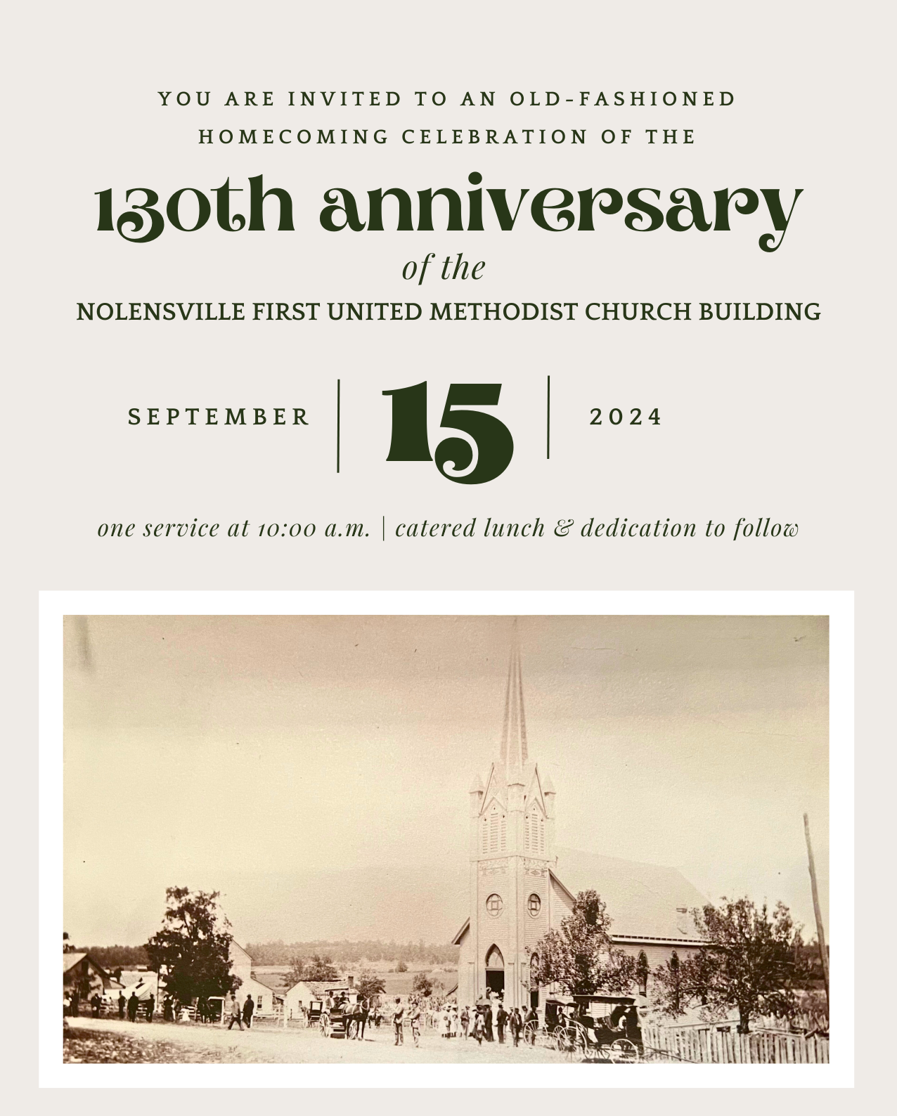Invitation for 130th anniversary of Nolensville First United Methodist Church Building; sepia photo of church.