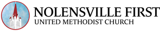 Logo for Nolensville First United Methodist Church. Round emblem with church building, red steeple. Black text.