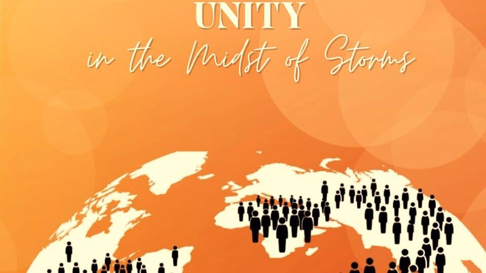 Orange graphic of globe with silhouettes of people; text reads "UNITY in the Midst of Storms."