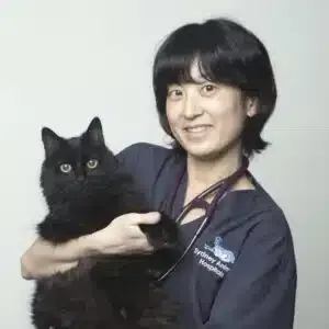 Woman in scrubs holding a black cat; Sydney Animal Hospital logo.