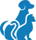 Blue silhouettes of a dog and cat, overlapping, facing right.