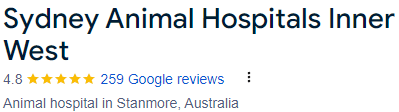 Google listing for Sydney Animal Hospitals Inner West, showing 4.8-star rating and 259 reviews
