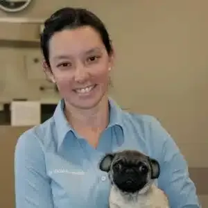 Woman in blue shirt holding a pug, smiling indoors.