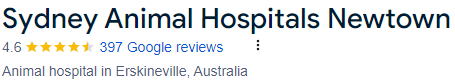 Sydney Animal Hospitals Newtown listing with 4.6-star rating and 397 Google reviews
