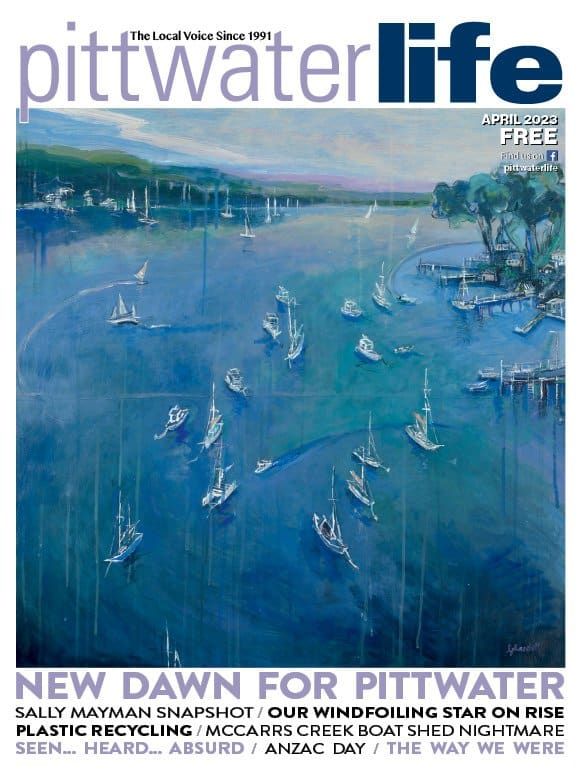 Magazine cover: Pittwater Life. Painting of sailboats on water. Text:
