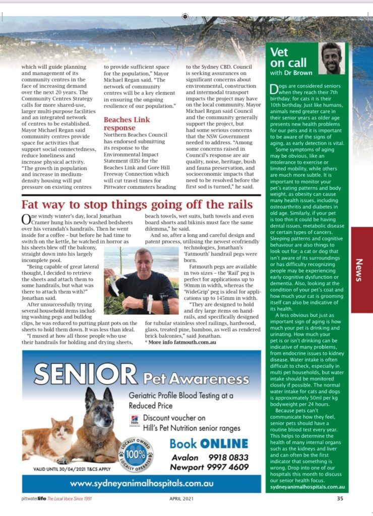 Article with text, a photo of a man, and ads for senior pet care.