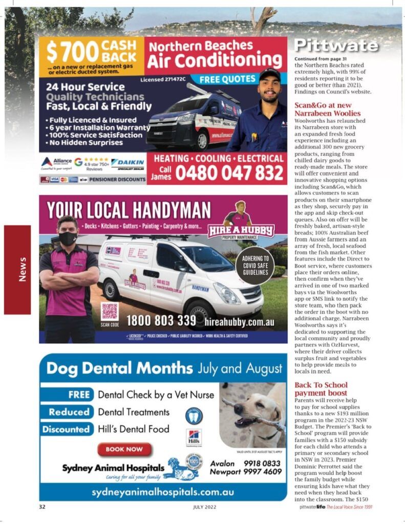 Advertisements for air conditioning, handyman services, and pet dental care in Pittwate.