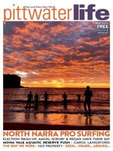 Magazine cover: People surfing at sunset,