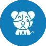Sad white dog with tear, blue circle.