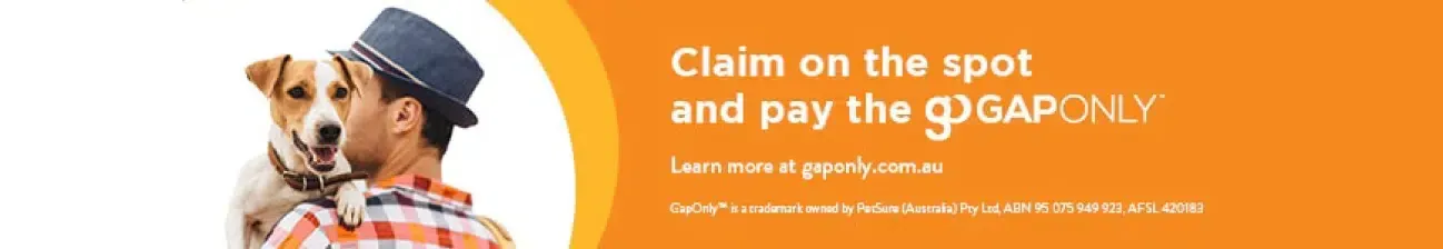 Man in hat with dog; orange background; text about claiming on the spot and paying GAPONLY.