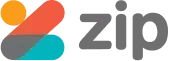 Zip logo with a stylized Z graphic in orange, red, grey, and teal. The word