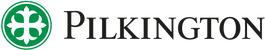 A green and white logo for pilkington with a cross