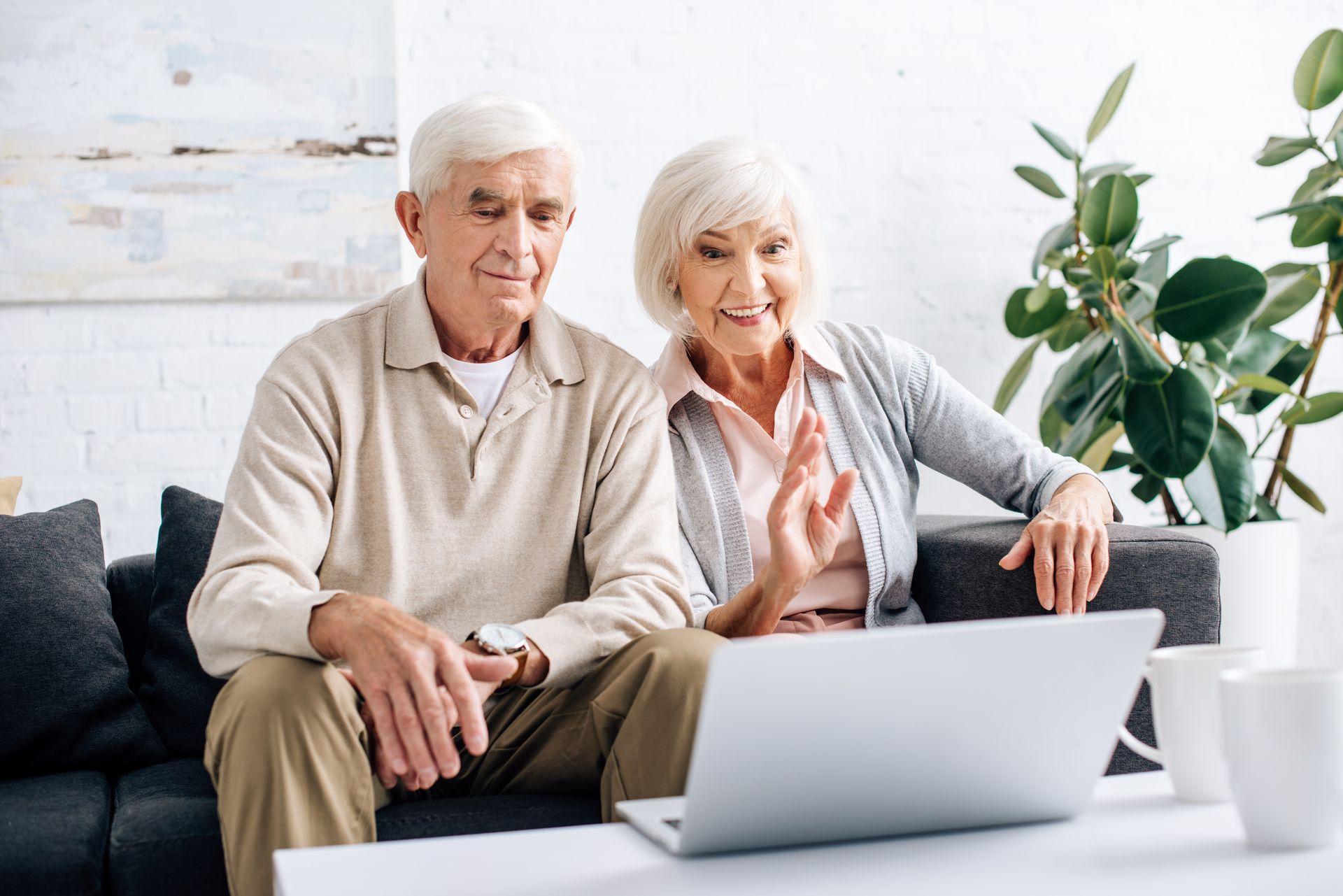Two people sitting on a couch, smiling and waving while video chatting on a laptop in a bright, modern living room.