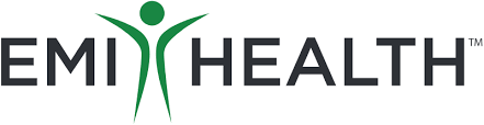 The EMI Health logo, featuring dark gray text and a green icon of a stylized person with raised arms between the two words.