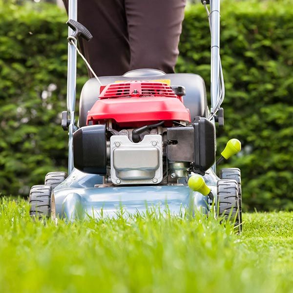A person is mowing a lush green lawn with a lawn mower. A person is mowing a lush green lawn with a lawn mower.