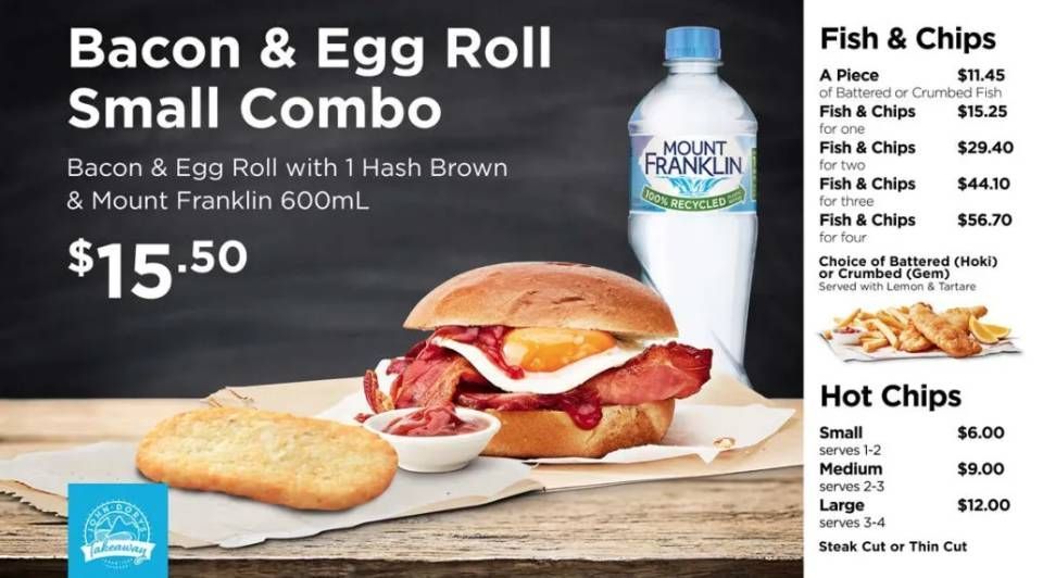 Bacon and egg roll combo ad with hash brown, hot chips and drink; priced at $15.50.
