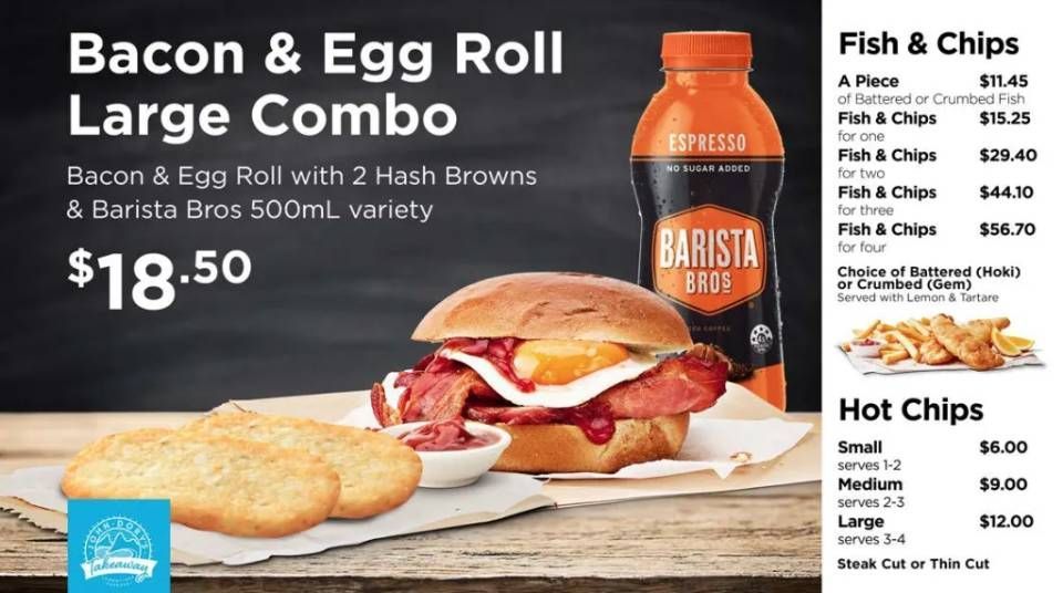 Bacon and egg roll combo meal ad with hash browns and coffee, priced at $18.50