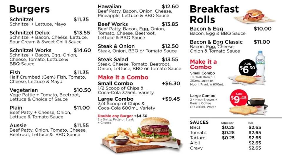 Restaurant menu board with burgers, breakfast rolls, combos, and drink prices.