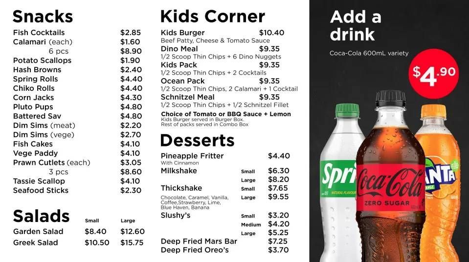 Restaurant menu with snacks, kids’ meals, desserts, salads, and add-a-drink soft drink bottles on the right.