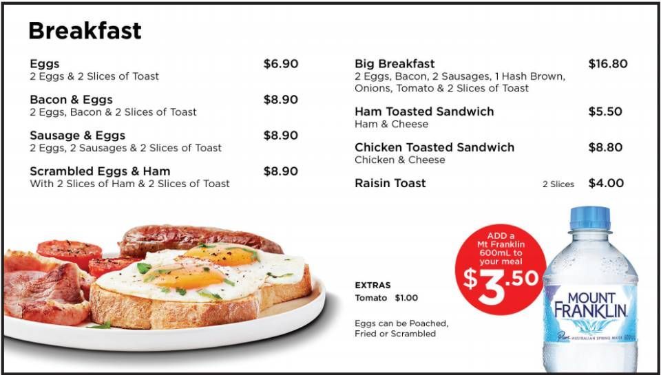 Breakfast menu with eggs, bacon, sandwiches, hash browns, and coffee at Mount Franklin cafe