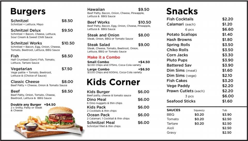 Menu board with burger, kids, and snacks sections listing food items and prices.