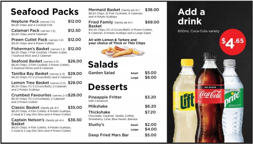 Seafood restaurant menu with packs, salads, desserts, and drinks, featuring soda bottles and a $4.65 special