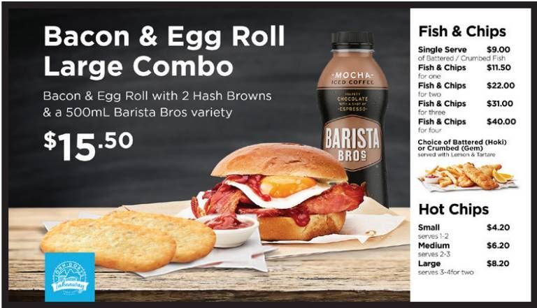 Burger cafe ad for Bacon & Egg Roll Large Combo, with fish and chips menu and prices