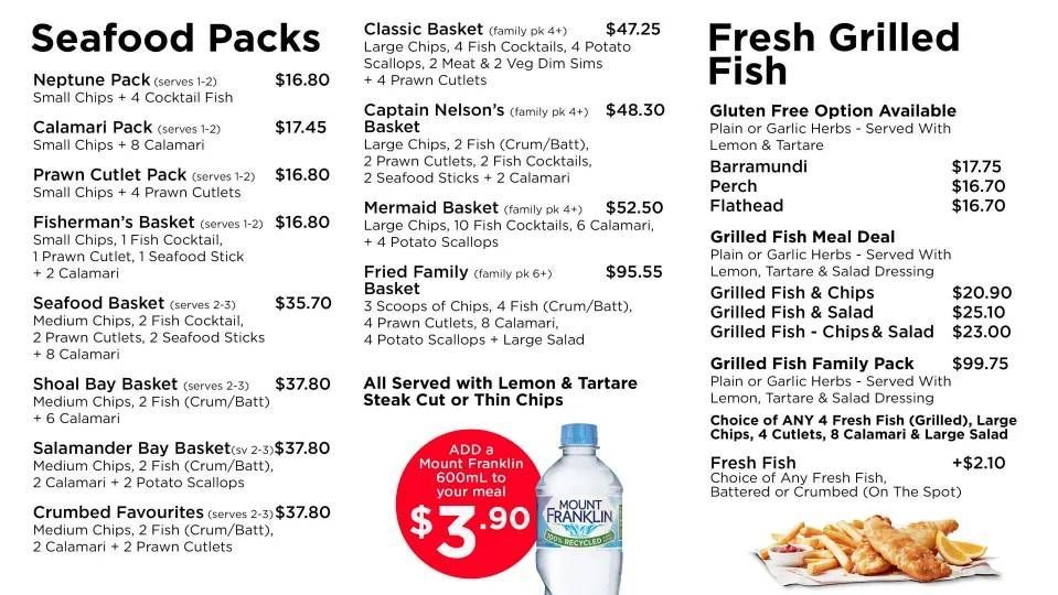 Restaurant menu board for seafood packs and grilled fish specials, with prices and a red $7.90 drink ad