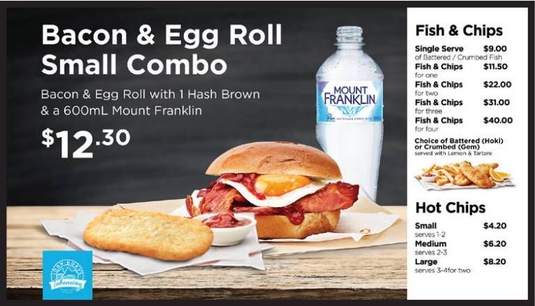 Fast food menu ad for bacon and egg roll combo with chips, plus fish and chips meal prices.