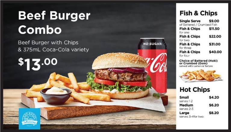 Burger combo ad with fries, cola, and a burger, plus fish and chips and hot chips menu prices