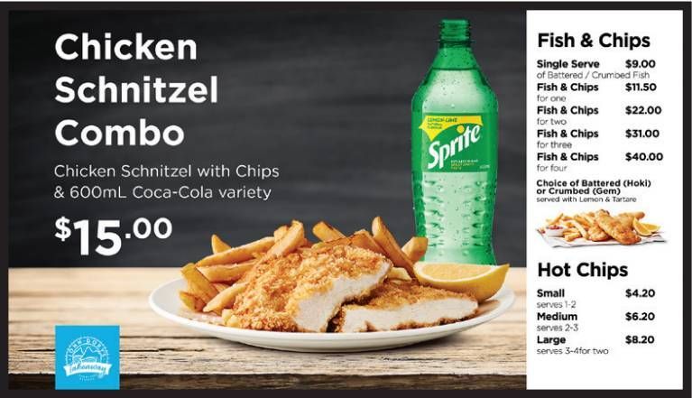 Chicken schnitzel combo meal ad with chips, Sprite bottle, and fish and chips menu on a dark background