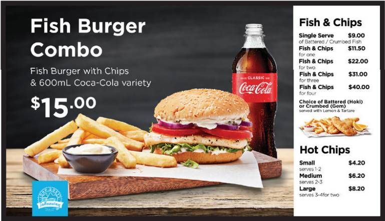Fish burger combo ad with fries, Coke, and pricing menu on a dark background