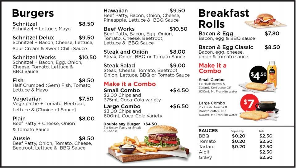 Menu board with burgers, breakfast rolls, and combo meal prices in black, white, and red text.