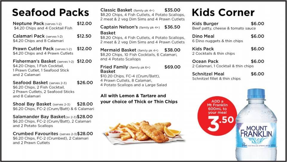 Menu board for seafood packs and kids corner, with prices and Mount Franklin water logo