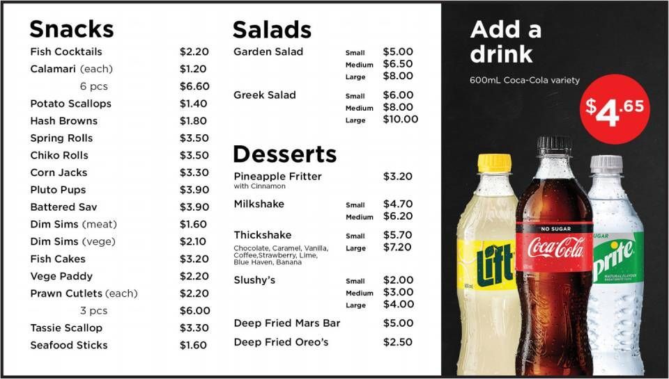 Snack, salad, and dessert menu with drink add-on and soda bottles for $4.65.