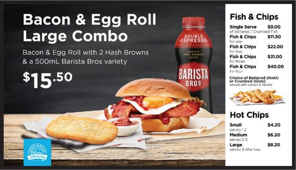 Bacon and egg roll combo meal ad with chips, drink, fish and chips menu items, and prices