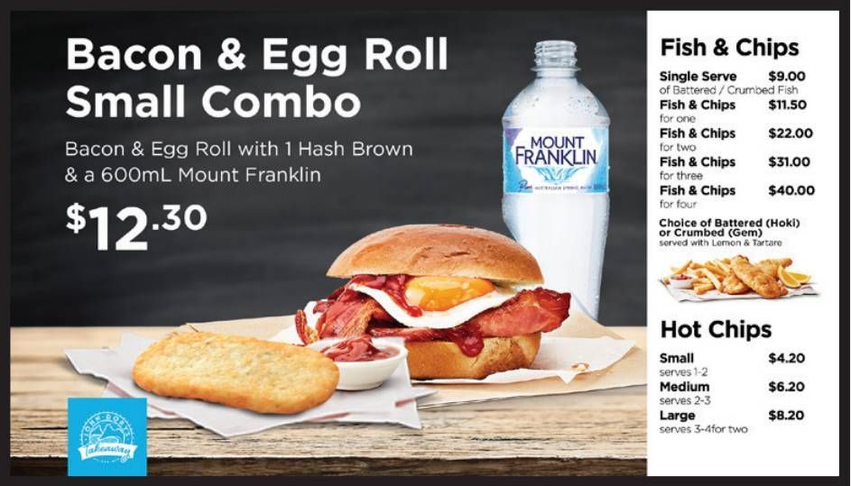 Bacon and egg roll combo with hash brown and coffee, priced at $12.30, beside fish and chips menu