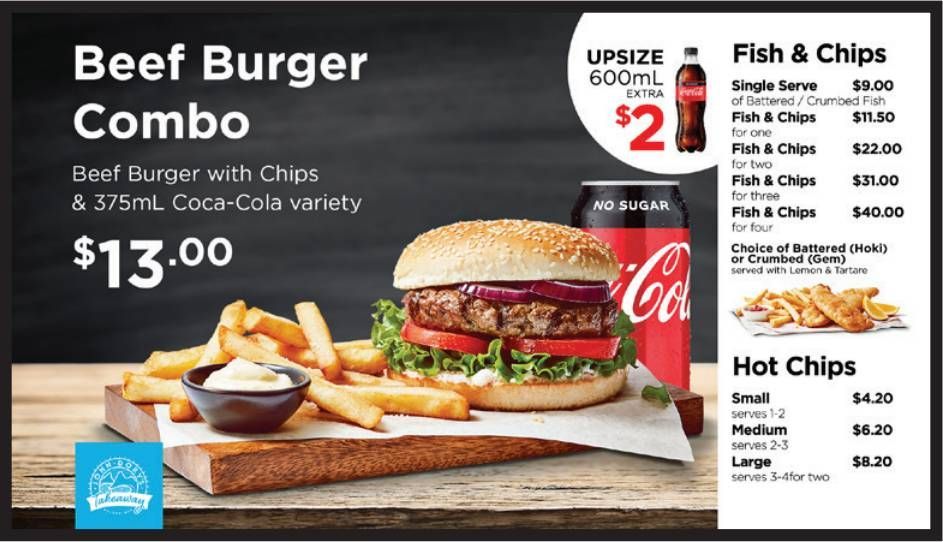 Burger combo ad with beef burger, chips, soda, and a menu of fish and chips options
