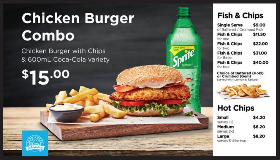 Restaurant ad for a chicken burger combo with fries, drink, fish and chips, and hot chips on a dark background
