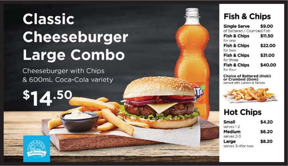 Classic Cheeseburger Large Combo meal ad with burger, fries, drink, and fish & chips menu items.